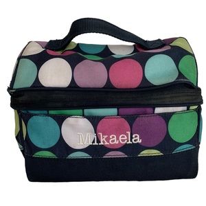 Pottery Barn Embroidered Polka Dots Lunch Box Dome Shaped Black Pink Blue Large